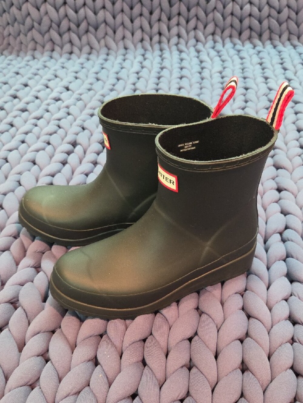 Hunter Black Rain Boots with Red Logo and Striped Pull Tabs - Picture 2 of 5